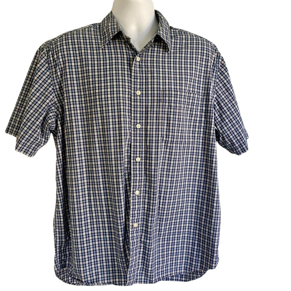 Eddie Bauer Mens Short Sleeve Blue White Button Down Cotton Shirt Large